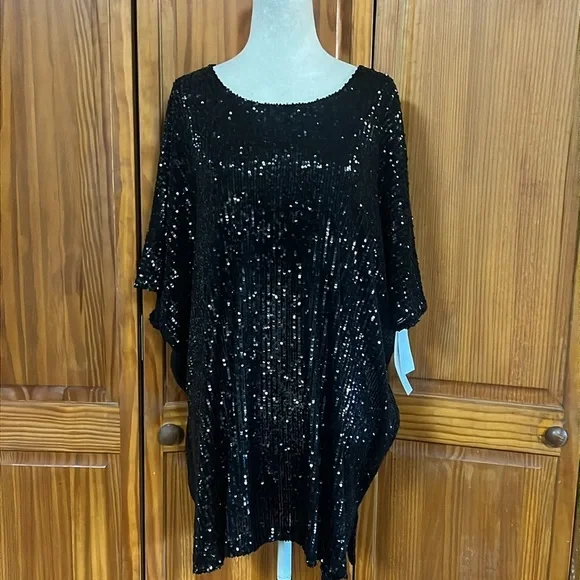Caroline Rose Black Sequin Caftan Top - Picture 2 of 11